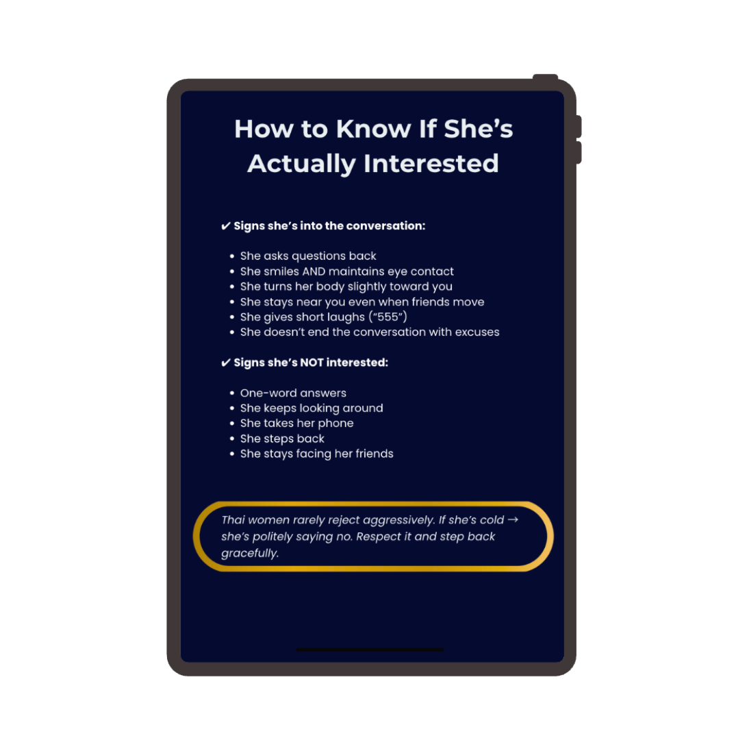 Phone case with text on how to know if a Thai woman is interested, on a white background