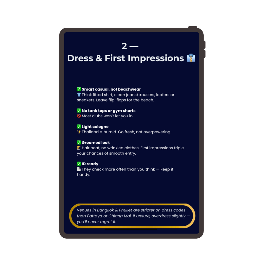 Phone case with text on dress code and first impressions for travel, specifically for Thailand.