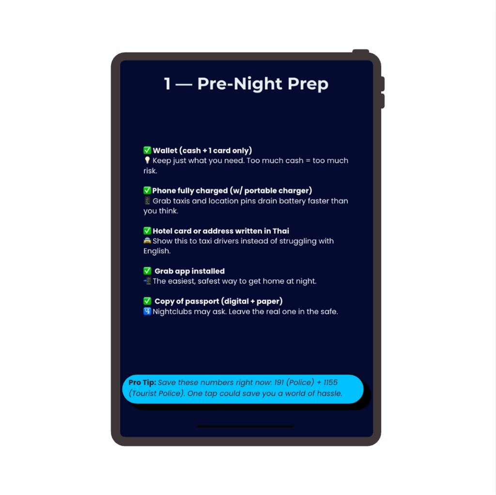 Smartphone displaying a list of pre-night prep items for Thailand on a white background