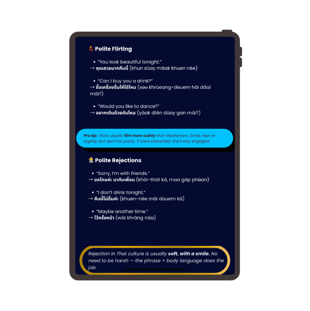 Phone case with Thai phrases for polite flirting and rejections on a white background