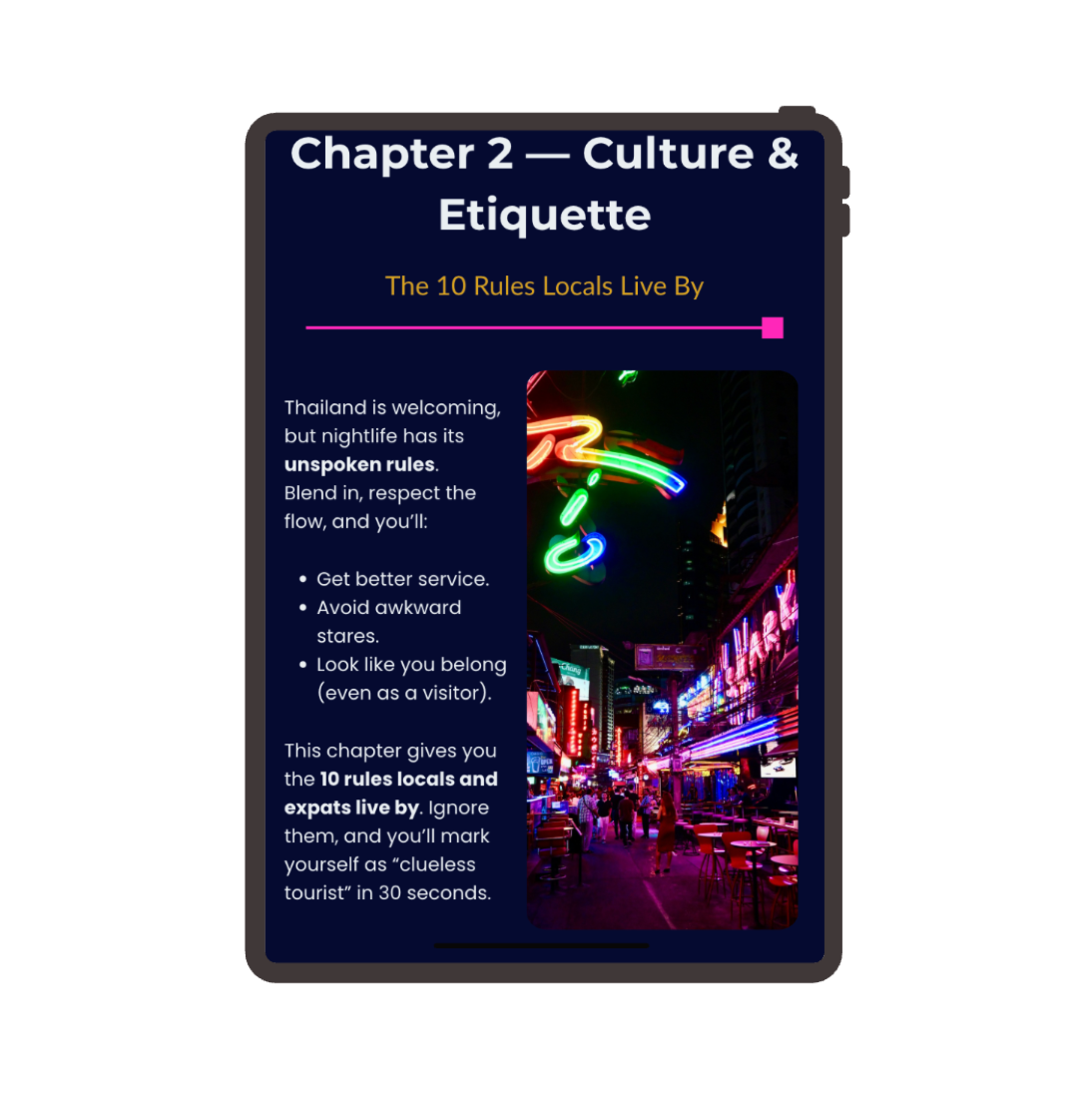 Book cover with text about culture and etiquette in Thailand, featuring a neon sign at night.