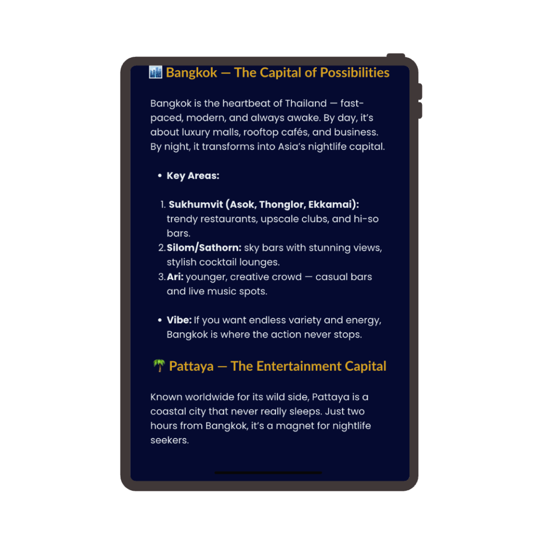 Phone screen displaying information about Bangkok and Pattaya, highlighting their nightlife scenes.